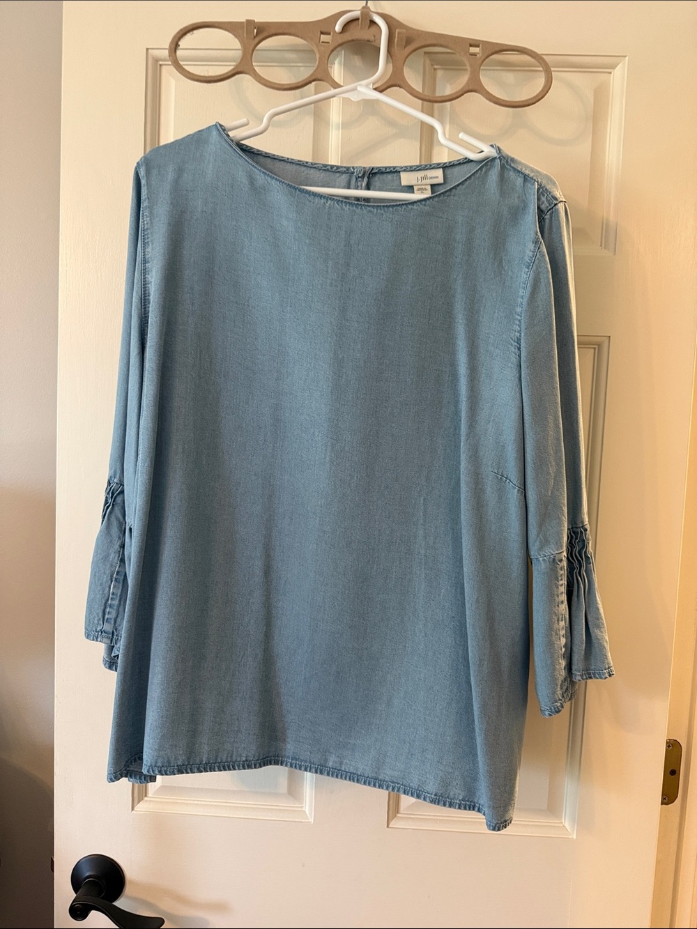 J. Jill Light Blue Denim-Look top with Ruched detail-3/4 Sleeves